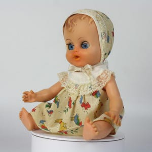 Vintage 1950s Plastic Baby Doll 24cm - Original Dress & Bonnet - Collectible Retro Doll