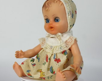 Vintage 1950s Plastic Baby Doll 24cm - Original Dress & Bonnet - Collectible Retro Doll