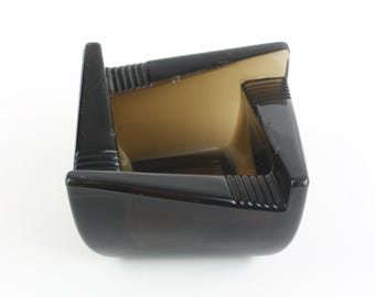 1930er Jahre Boho Art Deco Aschenbecher | Rauchschwarzes Geometrisches Pressglas Schreibtisch Accessoire