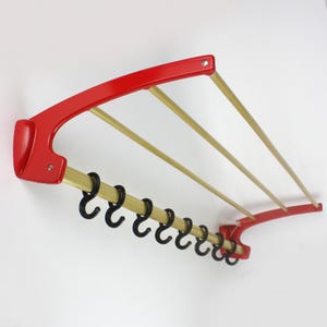 Vintage 1950s Wall Hanger | Mid-Century Modern Metal Coat Rack | Red , Gold Wall Mounted Towel & Hat Rack with Hooks | Retro Home Decor