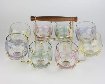 Vintage Federal Glass Roly Poly Bar Set – Pastelglazen uit het midden van de eeuw met messing houder