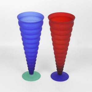 80s Memphis Style Frosted Glass Vases: Red & Blue Sculptural Set