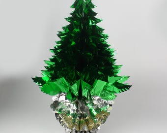 Vintage 1970s Sealed Folding Christmas Tree – Retro Green & Silver Foil Pop-Up Decoration, 40cm Holiday Centerpiece