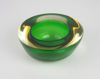 Vintage Murano Sommerso Glass Bowl | Green, Clear & Yellow Art Glass | Italian Mid-Century Bowl | 1960s Murano