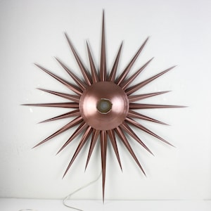 Puede incluir: Decoración de pared con forma de estrella de color cobre con un diseño circular central. La estrella presenta numerosas puntas puntiagudas que irradian hacia afuera. El centro tiene una piedra circular de color claro. Un cable de alimentación se extiende desde la parte inferior.