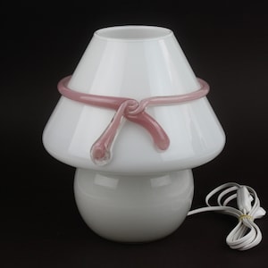 Vintage Murano Mushroom White Table Lamp With Pink Glass Bow – Handblown White & Pink Glass, Mid-Century Modern Style ,23cm Diameter