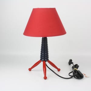 Bold Memphis Style Table Lamp – Red Shade & Wooden Base , 80&#39;s Aesthetics
