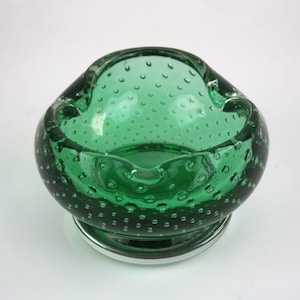 Vintage 1960s Murano Glass Bowl – Green Bullicante Art Glass Dish – Mid Century Modern Decor – Handblown Italy