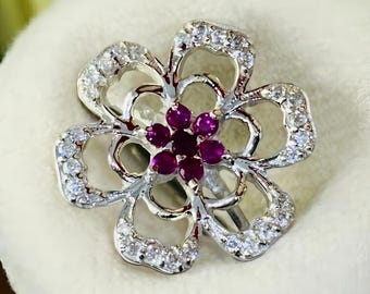 Ruby Floral Ring in Sterling Silver with White CZ Halo Elegant Statement Jewelry