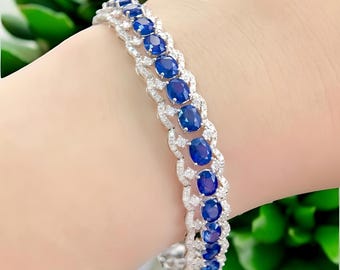 Bracciale tennis in argento sterling con zirconi cubici e zaffiri da laboratorio, blu reale