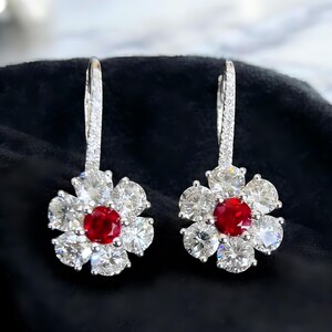 Ruby Floral Drop Earrings – Round Cut Gemstone Halo CZ Sterling Silver Dangle