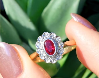 Lab Ruby Halo Ring Sterling Silver | Oval Red Gem Ring | Dainty CZ Cluster Jewelry