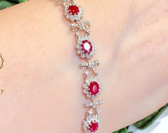 Sterling Silver Ruby Bracelet | Lab Created Red Gem CZ Vintage Floral Gift Jewelry