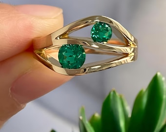 Gold Plated Sterling Silver Emerald Bypass Ring - Modern Minimalist Design