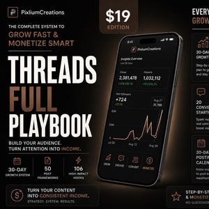 May include: A digital marketing guide titled Threads Full Playbook by PixliumCreations, featuring a smartphone displaying an insights dashboard with growth charts, alongside a structured list of content strategy tools, post frameworks, and hooks.