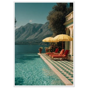 May include: A scenic print featuring a pool with turquoise water, red lounge chairs, and yellow and white striped umbrellas. Mountains and a lake are visible in the background, with a blue sky overhead. The floor has a green and white checkered pattern.