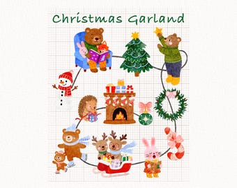Può includere: Illustrazione ad acquerello di una ghirlanda natalizia con vari elementi festivi. Include un orso che legge, un albero di Natale, un pupazzo di neve, un camino, una ghirlanda e altri personaggi delle vacanze. Il testo "Christmas Garland" è in alto.