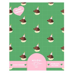 May include: Seamless pattern featuring brown dog heads wearing party hats and frilly collars on a green grid background. A pink heart with "INSTANT DOWNLOAD" is at the top. The bottom has text that says "MILOUI ART" and "HAND DRAWN" and "SEAMLESS PATTERN".