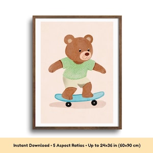 Adorable Skateboarding Bear Art for Boys Room, Whimsical Animal Print for Young Athletes, Skateboarding Bear Wall Decor, Digital Download