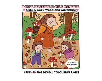 Libros para colorear "Momentos felices en familia con erizos": Páginas imprimibles del bosque (descarga digital)