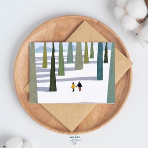 Cartes postales d'art au pays des merveilles de l'hiver, parfaites pour offrir ou pour des voeux de saison, illustration de marche dans un parc hivernal, carte de voeux de Noël