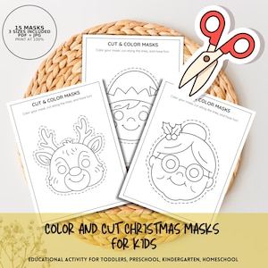 Printable Christmas Masks for Kids: Holiday Coloring Craft (Digital Download)