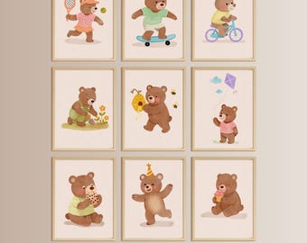 Láminas de osos caprichosos para habitación infantil: Decoración moderna para habitación infantil (Paquete de 9 descargas digitales)