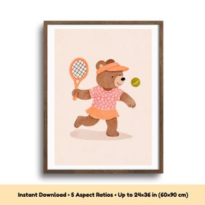 Tennis Player Bear Art for Kids Room, Whimsical Nursery Tennis Print, Playful Children’s Printable, Sport Print Gift For, Digital Download