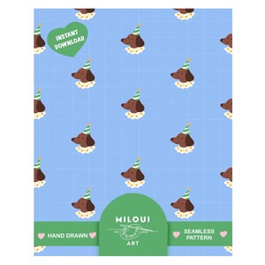 May include: Seamless pattern featuring brown dachshunds wearing party hats and ruffled collars on a light blue background. The design includes the text "Instant Download", "Hand Drawn", and "Seamless Pattern". The artwork is by Miloui Art.