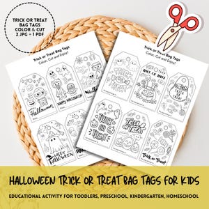 Könnte beinhalten: Zwei Blätter mit Halloween-Trick-or-Treat-Anhängern mit verschiedenen Designs, darunter Geister, Kürbisse und Süßigkeiten. Die Anhänger sind schwarz-weiß und zum Ausmalen gedacht. Das Bild enthält auch eine Schere und Text.