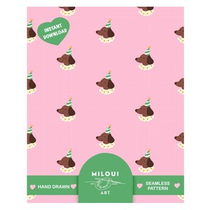 May include: Pink seamless pattern featuring brown dachshunds wearing party hats and ruffled collars. The design includes the text "Instant Download", "Hand Drawn", "Miloui Art", and "Seamless Pattern".
