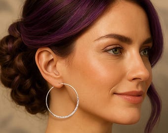 Large Hoop Earrings Silver Hammered Hoops Textured Earring Statement Earrings For Women Sterling