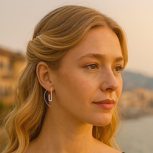 May include: A woman with blonde hair wearing minimalist silver earrings. The earrings feature a curved, open design with a straight bar. The woman wears a black top. The background is blurred, showing buildings and water.