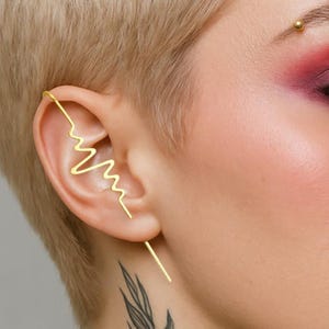 Heartbeat Ear Cuff Gold Wave Ear Pin Earrings Climber Unusual Ear Cuff Sterling Silver Helix Hoop Earring Cartilage Earrings Statement