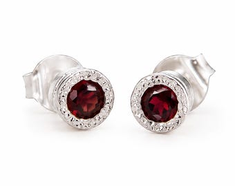 Garnet Small Stud Earrings Sterling Silver January Birthstone Chunky Gemstone Studs