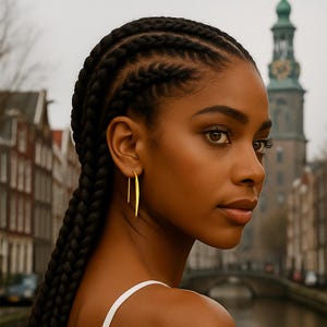Peut inclure: Une femme à la peau foncée et aux cheveux tressés porte des boucles d'oreilles pendantes linéaires de couleur or. Les boucles d'oreilles sont longues et fines, suspendues verticalement aux lobes des oreilles. L'arrière-plan présente un paysage urbain avec un pont et un grand bâtiment.