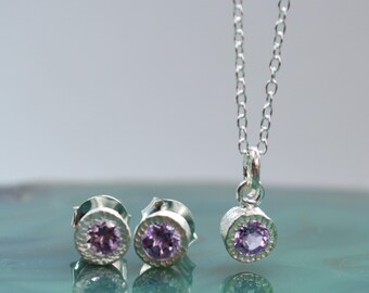 Amethyst Silver Jewelry Set February Birthstone Jewellery Gemstone Necklace and Earrings Set