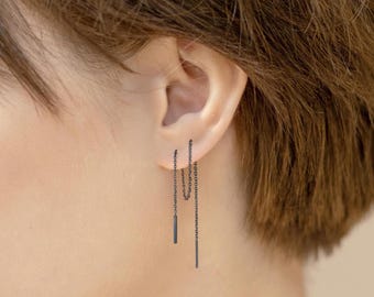 Schwarz Silber Threader Ohrringe Schwarz Kette Ohrringe Sterling Silber Ohrringe Minimalist Thread Ohrringe Double Piercing Single Earring