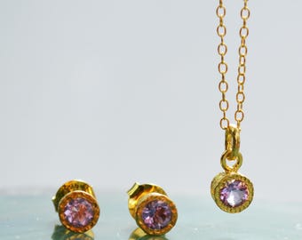 Amethyst Gold Jewelry Set February Birthstone Jewelry Purple Gemstone Necklace and Earrings Sets