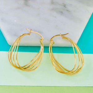 Gold Oval Dangle Multi Hoop Earrings Sterling Silver Statement Earrings Small Wire Drop Earring Abstract Hoops for Women