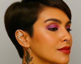 Sterling Silver Lightning Bolt Ear Cuff Earrings Ear Pin Futuristic Statement Earrings Helix Hook Earring Needle Earring