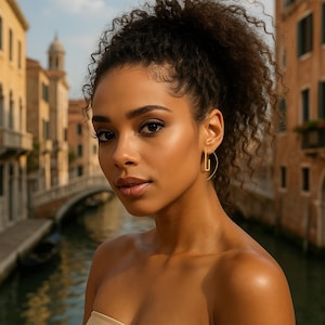 Op de afbeelding: Een vrouw met donker krullend haar draagt ​​goudkleurige, geometrische oorringen. De oorbellen hebben een gebogen halve cirkelontwerp met een rechthoekig element. De achtergrond toont een gracht en gebouwen.