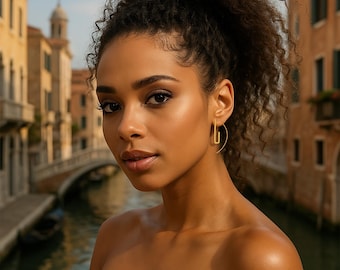 May include: A woman with curly dark hair wears gold-colored, geometric hoop earrings. The earrings have a curved, half-circle design with a rectangular element. The background features a canal and buildings.