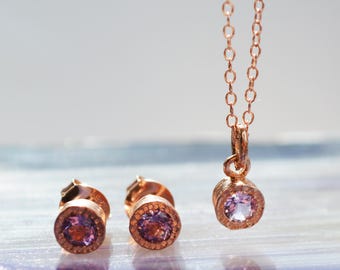 Amethyst Jewelry Set Rose Gold February Birthstone Dainty Purple Gemstone Necklace and Earrings Jewellery Sets