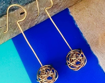 Nest Gold Long Drop Earrings Cute Wire Earrings Minimalist Dainty Earrings Gold Long Drop Earrings Statement Earrings