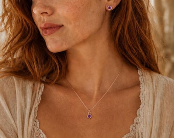 Amethyst Jewelry Set Rose Gold February Birthstone Dainty Purple Gemstone Necklace and Earrings Jewellery Sets