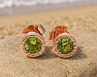 Natural Peridot Stud Earrings Rose Gold Small Earrings August Birthstone Jewelry Gemstone