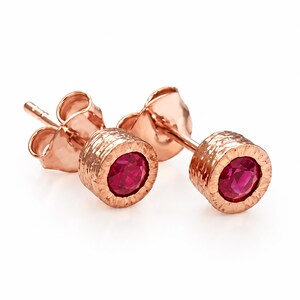 Rose Gold Ruby Stud Earrings: July Birthstone, Faceted Gemstone, Textured Bezel