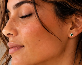 Emerald Small Stud Earrings Silver Green Gemstone Dainty Studs May Birthstone Jewelry