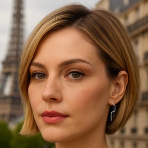 May include: A woman with short blonde hair wearing silver geometric drop earrings. The earrings have a modern, angular design. The background features the Eiffel Tower in Paris.